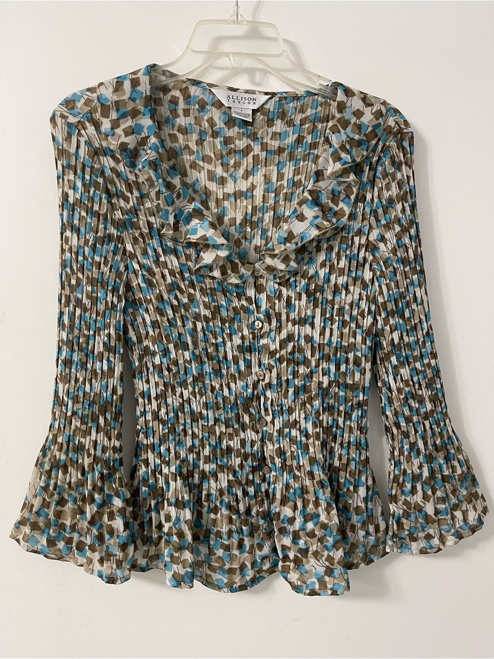 Allison Taylor Blue & Brown Printed Pleated Button-Front Blouse